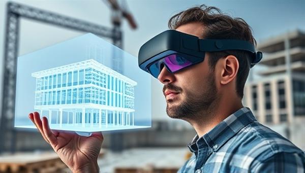 An architect wearing AR glasses, interacting with a holographic 3D model of a building structure overlaid onto a construction site, illustrating the futuristic and innovative approach to project visualization in construction.