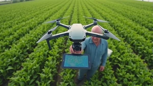Aerial view of a lush green farm field with a drone hovering above, capturing detailed crop data, with a farmer analyzing the drone