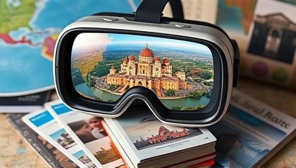 An immersive VR headset displaying a virtual travel destination with stunning landscapes, iconic landmarks, and cultural insights, surrounded by travel memorabilia and guidebooks, inviting users to embark on a virtual journey of exploration and discovery.