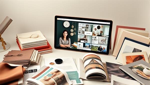 An aesthetically pleasing virtual interior design consultation session with a designer presenting mood boards and design concepts on a digital platform, surrounded by fabric swatches, paint samples, and home decor catalogs, creating a stylish and inspirational design atmosphere.