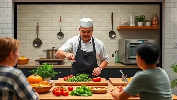 An online cooking class setup featuring a chef demonstrating a cooking technique while engaging with virtual students, creating a dynamic and immersive culinary learning environment.