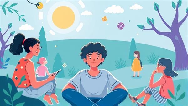 An illustration of a player immersed in a virtual world within the game, surrounded by supportive characters and engaging in activities that promote mental well-being, conveying a sense of empowerment and positivity.