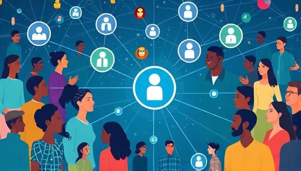 A vibrant digital illustration showcasing diverse individuals connecting virtually through a network of insurance coverage nodes, symbolizing community-driven protection and support.