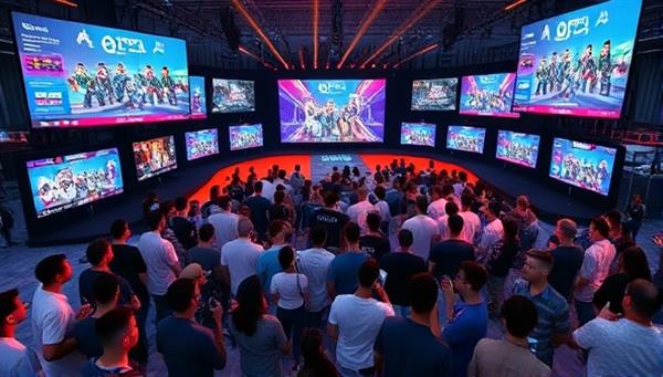 A dynamic virtual event scene with multiple screens showcasing different gaming competitions, live streams, and interactive activities, surrounded by a virtual crowd of attendees, sponsors, and gaming personalities, capturing the excitement of online gaming events.