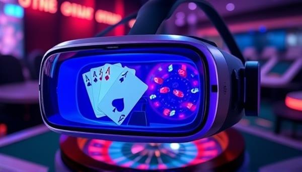A futuristic VR headset displaying a virtual casino environment with digital cards, chips, and a roulette wheel, showcasing the cutting-edge technology and immersive experience of VR gambling.