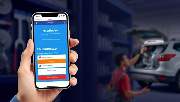 A dynamic visual of a mobile mechanic using the FixOnTheGo app on a smartphone, showcasing the easy booking process and the mechanic arriving at a customer