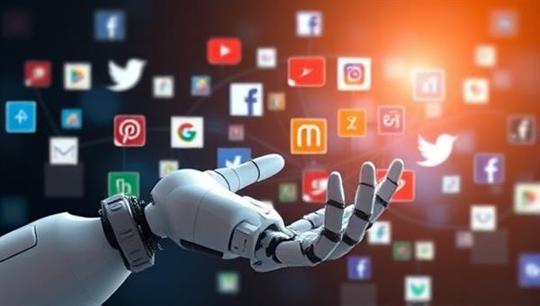 An AI-powered robot hand managing a complex network of social media platforms, showcasing efficiency and automation in content scheduling.