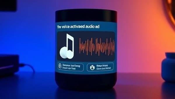 An interactive smart speaker displaying a voice-activated audio ad scenario, where a user interacts with the ad content through spoken commands, showcasing the seamless integration of voice technology in advertising and engaging storytelling by VoiceVibe Ads.