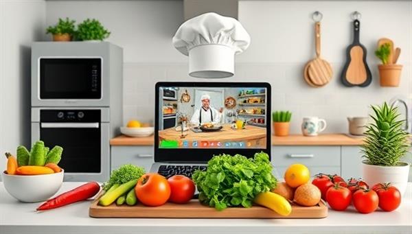A vibrant and colorful virtual kitchen setup with a laptop showing a live cooking class, a variety of fresh ingredients neatly arranged, and a chef