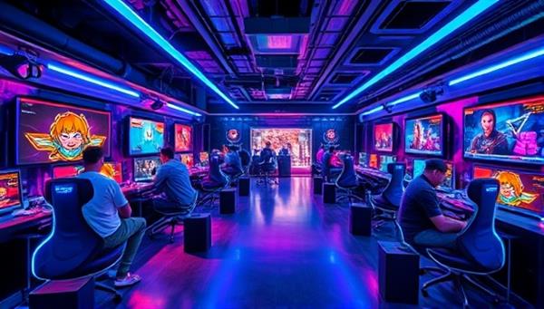 An immersive visual of a virtual reality gaming lounge environment with futuristic decor, interactive gaming stations, and avatars of players engaging in multiplayer games and social activities, creating a dynamic and vibrant virtual space for gamers to connect and play together.