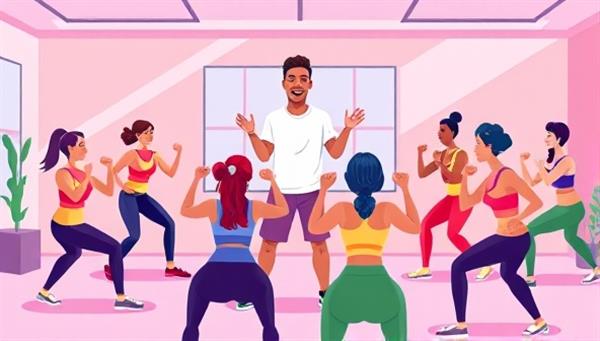 A vibrant digital illustration of a virtual fitness coach leading an energetic workout session with diverse participants, all connected through a virtual platform, conveying motivation and inclusivity.