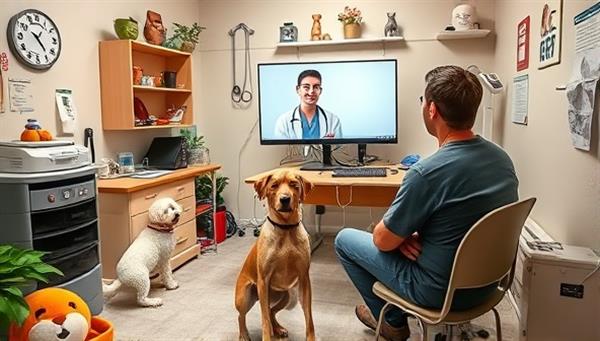 A cozy virtual pet consultation room with a veterinarian interacting with a pet owner and their furry companion via video call, surrounded by pet toys, medical equipment, and a digital pet health record, creating a warm and caring environment for virtual pet care.