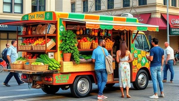A vibrant image of a colorful market truck filled with baskets of fresh fruits, vegetables, and artisanal products, parked in a bustling urban street setting with diverse customers browsing and engaging with the farm-to-table mobile market experience.