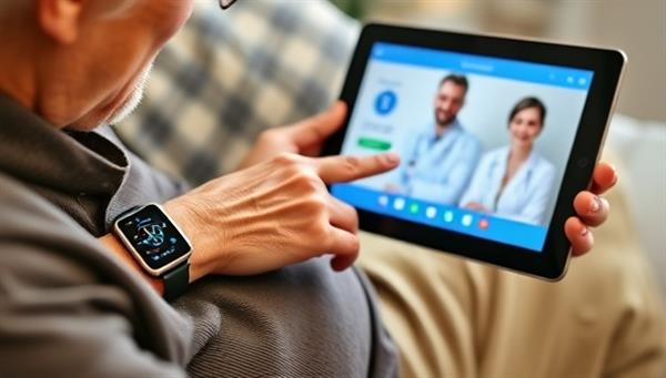 An elderly individual wearing a smartwatch with vital sign monitoring capabilities, interacting with the VitalTrack Care app on a tablet, while a virtual healthcare provider appears on the screen for a teleconsultation, illustrating the seamless and comprehensive remote patient monitoring experience.