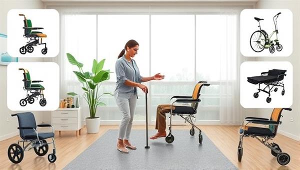 An image of a virtual occupational therapy session with a therapist guiding a client through mobility exercises and adaptive techniques, surrounded by images of assistive devices and therapy tools, promoting functional independence and rehabilitation support.
