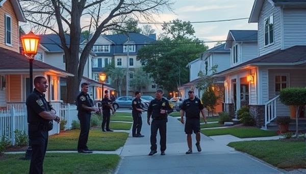 A neighborhood scene showcasing a team of security personnel patrolling the streets and interacting with residents, creating a sense of safety and community vigilance, with well-lit pathways and homes symbolizing security and peace of mind in the neighborhood.