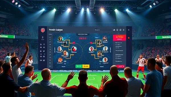 An interactive fantasy league dashboard displaying virtual team lineups, player stats, and live game updates, surrounded by enthusiastic users competing against each other in a virtual sports arena, capturing the competitive and engaging nature of the fantasy betting leagues platform.