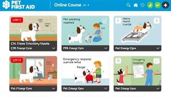 An engaging online course interface with interactive modules on pet first aid, featuring animated demonstrations of CPR techniques and emergency response procedures, emphasizing the practical and educational aspects of the course.