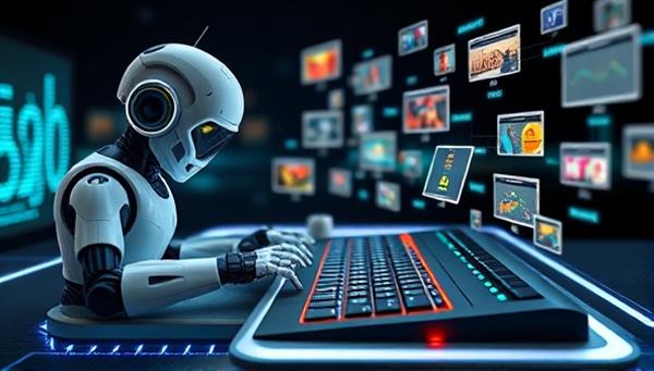 An AI-powered robot typing on a futuristic keyboard, generating streams of digital content with creative visuals and text floating around, symbolizing the innovative content creation process.