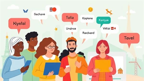An engaging digital illustration of diverse individuals engaging in virtual language exchange sessions, depicted through speech bubbles in different languages, cultural symbols, and virtual travel scenes, conveying the essence of connection and learning.
