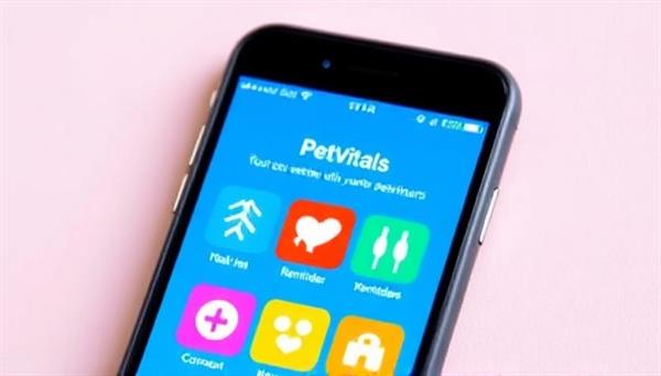A colorful and engaging mobile phone screen displaying the PetVitals app interface with icons for tracking pet health, reminders, and connecting with veterinarians, showcasing ease of use and functionality.
