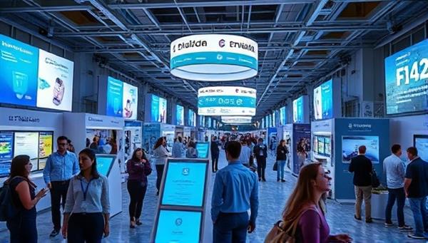 An immersive virtual event space filled with digital booths, interactive screens, and avatars engaging in conversations and networking activities, illustrating the dynamic and interactive nature of the platform.