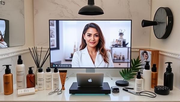 A sleek and inviting virtual hair consultation setup with a professional hair specialist conducting a virtual assessment, surrounded by various haircare products, tools, and a stylish backdrop, exuding expertise and personalized care.
