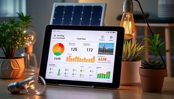 An image of a digital tablet displaying a smart home dashboard with energy consumption metrics, surrounded by eco-friendly light bulbs, solar panels, and plant decor, symbolizing sustainable living and smart energy management.