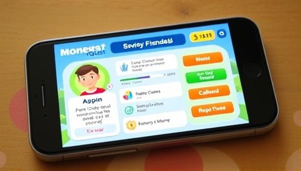 An interactive smartphone screen displaying the MoneyQuest app interface with a colorful and engaging game-like design, featuring a personalized avatar, financial challenges, progress bars, and rewards earned for completing money-saving quests, illustrating a fun and educational money management experience.