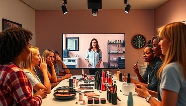 An engaging virtual beauty masterclass setting with a diverse group of participants interacting with an instructor onscreen, surrounded by beauty tools and products, portraying a dynamic and educational beauty learning environment.