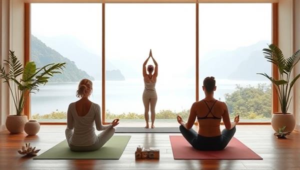 An online yoga and mindfulness retreat session led by a serene instructor, with virtual participants practicing yoga poses and meditation techniques in a tranquil virtual environment, surrounded by calming nature sounds and visuals, embodying the essence of SerenitySoul retreats.