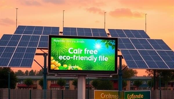 A visually appealing digital billboard powered by solar panels, displaying a vibrant eco-friendly advertisement promoting sustainability and environmental awareness.