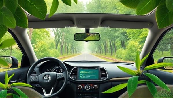 An artistic representation of a serene driving scene with a car surrounded by lush nature, featuring a dashboard display showing wellness tips, greenery, and a calming atmosphere promoting relaxation and mindfulness.