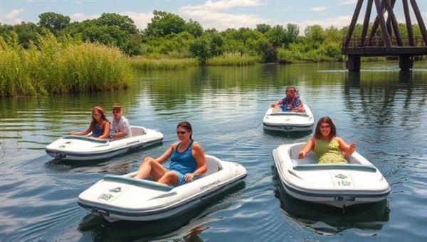 A serene waterfront scene with families and friends enjoying a leisurely cruise on electric boats, surrounded by lush greenery and calm waters, capturing the essence of relaxation and eco-friendly exploration in a picturesque setting.