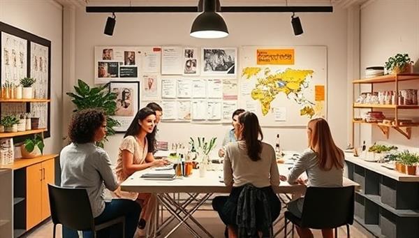 An inspiring image of a collaborative workspace within BeautyHatch Labs, featuring beauty entrepreneurs brainstorming ideas, working on formulations, and engaging in discussions with mentors, surrounded by mood boards, product samples, and industry magazines, symbolizing creativity and innovation in beauty entrepreneurship.