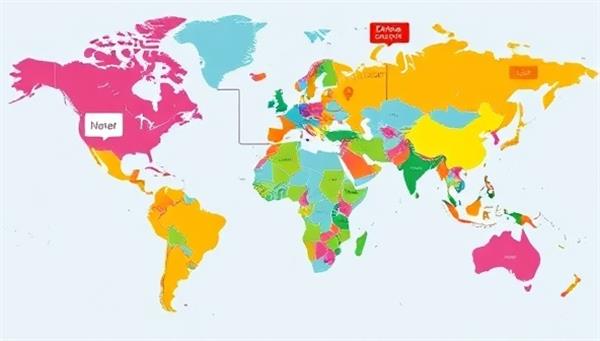 A vibrant digital map illustration showing global connections with various languages represented by speech bubbles, symbolizing the diverse linguistic exchange facilitated by LingoConnect.