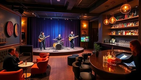A sophisticated music lounge with a stage set for live performances, cozy seating arrangements, and a stylish bar serving artisanal cocktails, with guests enjoying the music and ambiance, conveying an upscale and inviting music experience.