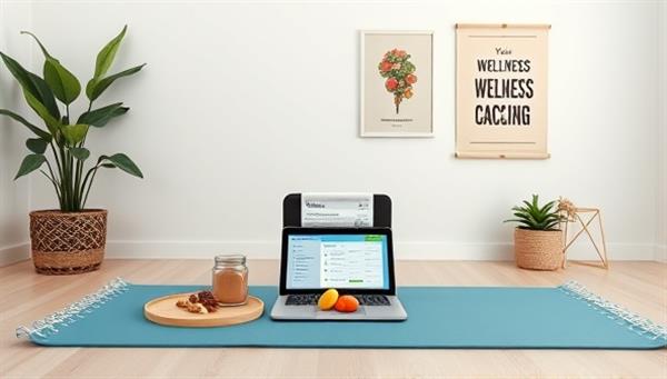 An inviting virtual coaching setup with a fitness mat, healthy snacks, a laptop displaying wellness plans, and motivational posters on the wall, creating a serene and inspirational atmosphere for remote coaching sessions.