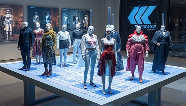 An array of futuristic wearable prototypes displayed on a sleek, modern table, with holographic screens showing different design concepts, reflecting a blend of fashion and technology innovation.