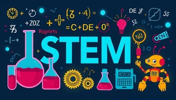 A captivating graphic showcasing various STEM elements like beakers, mathematical equations, coding symbols, and robotics components, illustrating the diverse and engaging learning opportunities available through the platform