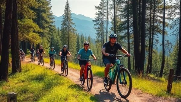 An enchanting visual of a group of cyclists riding e-Bikes through a lush forest trail, led by a guide, with scenic views of mountains in the background, capturing the essence of EcoWheels Adventures
