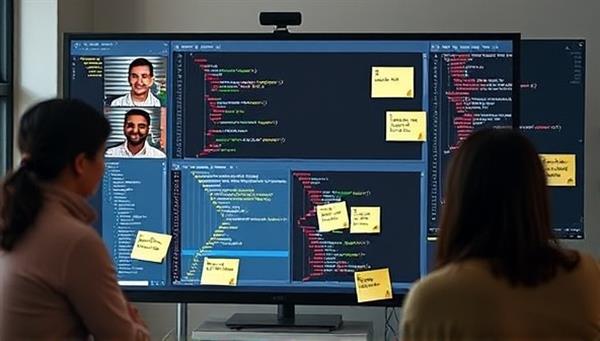 An online coding mentorship session featuring a mentor guiding a mentee through a coding problem on a shared screen, with code snippets, diagrams, and virtual sticky notes for collaborative learning, illustrating a dynamic and interactive coding environment.