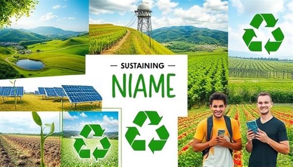 A visually appealing digital collage showcasing green landscapes, solar panels, recycling symbols, and happy individuals engaging in sustainable practices, conveying a message of environmental stewardship and positive change.