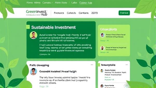 An artistic representation of the GreenInvest Hub forum homepage with vibrant green accents, interactive discussion threads on sustainable investment topics, and user avatars connecting and sharing insights, symbolizing a collaborative and eco-conscious community platform.