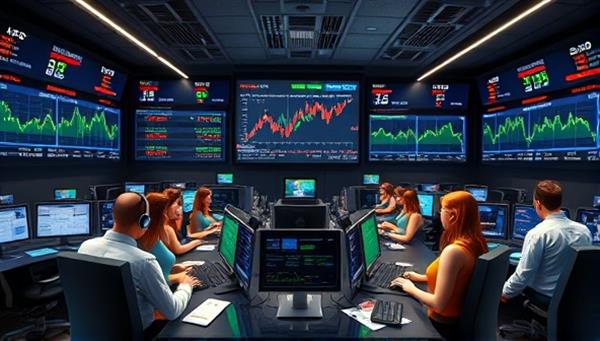 An engaging image of a virtual trading floor with animated avatars of users trading virtual assets, displaying real-time market data and investment performance metrics, creating a dynamic and immersive trading experience within the TradeQuest platform.