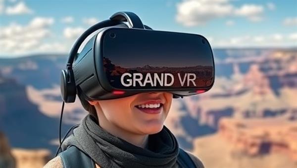 An immersive VR headset displaying a user exploring the Grand Canyon in virtual reality, with a backdrop of stunning landscapes and a sense of wonder and adventure, capturing the essence of virtual travel experiences.