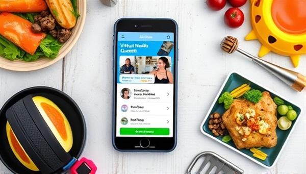 A smartphone displaying a fitness app with a virtual health coach providing guidance on workouts, surrounded by images of healthy meals and exercise equipment, illustrating a holistic approach to wellness.