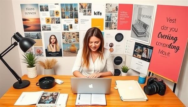 A professional branding consultant working on a laptop surrounded by branding mood boards, color palettes, and visual elements, a camera for content creation, and inspirational quotes, creating a visually appealing and strategic personal branding workspace.