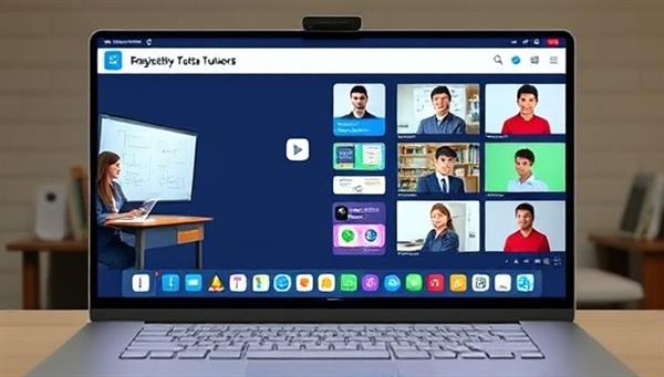 An interactive online tutoring platform interface featuring virtual classrooms, digital whiteboards, video chat capabilities, and personalized learning tools, creating a dynamic and engaging environment for students and tutors to connect and learn together.