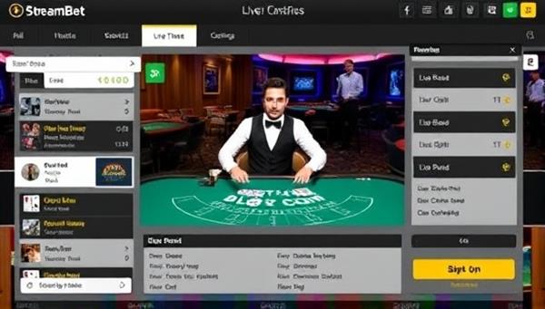 A dynamic live streaming setup featuring a professional dealer hosting a blackjack table, with interactive chat functionality, real-time betting options, and a lively casino ambiance, capturing the excitement and authenticity of StreamBet Live